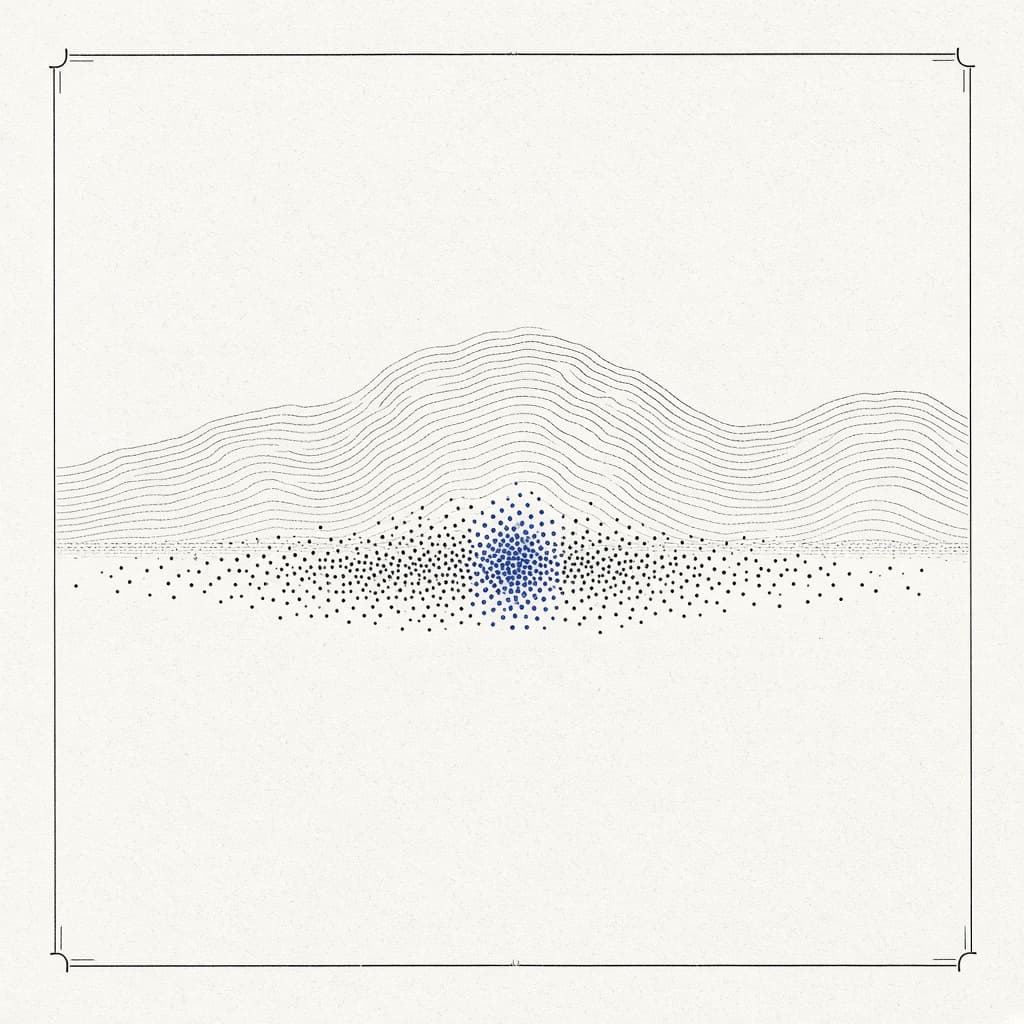 A field of dots under contour lines, with a cobalt cluster where the ridge peaks.
